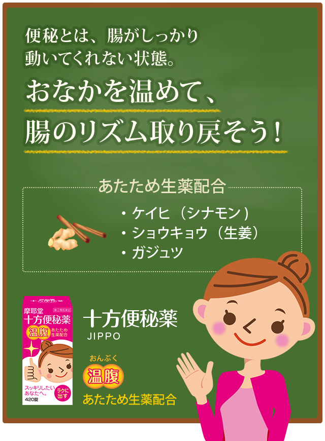 便秘とは、腸がしっかり動いてくれない状態。おなかを温めて、腸のリズム取り戻そう！【あたため生薬配合：ケイヒ(シナモン)、ショウキョウ（生姜）、ガジュツ】十方便秘薬JIPPO 温腹：あたため生薬配合