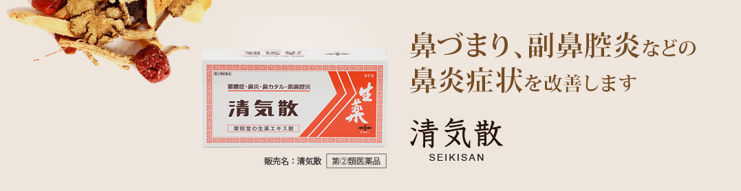 鼻づまり、副鼻腔炎などの鼻炎症状を改善します。清気散 SEIKISAN：販売名：清気散 第2類医薬品