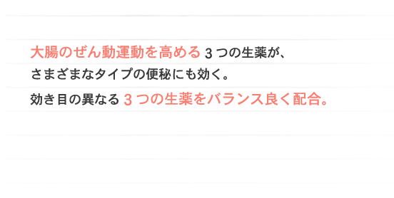 大腸のぜん動運動を高める３つの生薬が、さまざまなタイプの便秘にも効く。効き目の異なる３つの生薬をバランス良く配合。