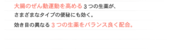 大腸のぜん動運動を高める３つの生薬が、さまざまなタイプの便秘にも効く。効き目の異なる３つの生薬をバランス良く配合。