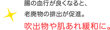 腸の血行が良くなると、老廃物の排出が促進。吹出物や肌あれ緩和に。