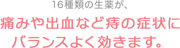 16種類の生薬が、痛みや出血など痔の症状にバランスよく効きます。