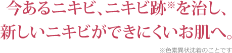 今あるニキビ、ニキビ跡※を治し、新しいニキビができにくいお肌へ。※色素異状沈着のことです