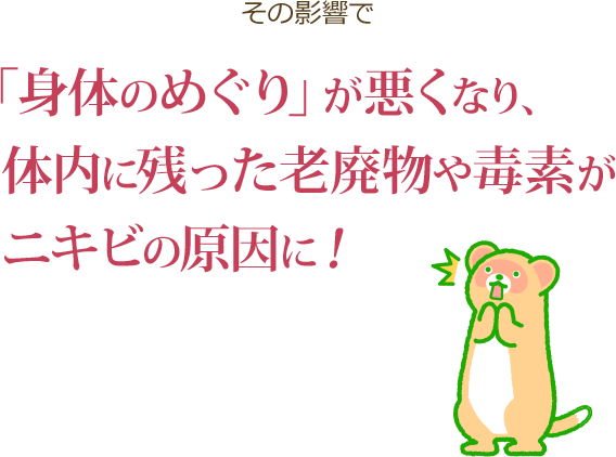 その影響で「身体のめぐり」が悪くなり、体内に残った老廃物や毒素がニキビの原因に！