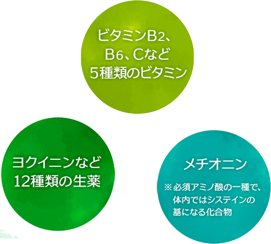 ビラミンB2､B6､Cなど5種類のビタミン/ヨクイニンなど12種類の生薬/メチオニン 必須アミノさんの一種で体内ではシステインの基になる化合物